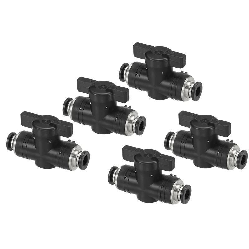 5 Pcs 6mm Pneumatic Ball Valve, Push to Quick Connect Fittings, Black