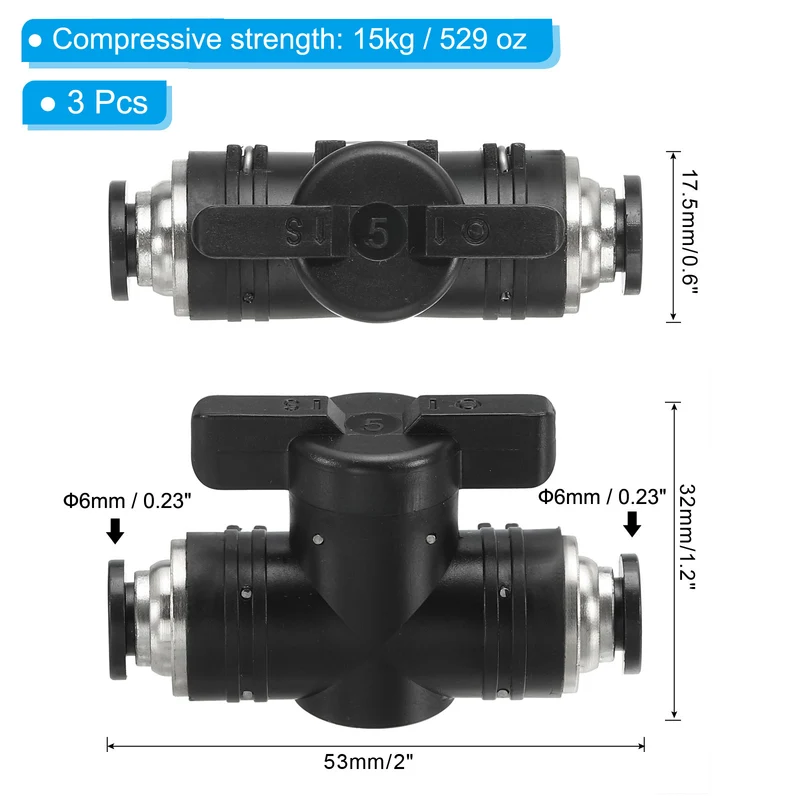 6mm Pneumatic Ball Valve, 3 Pcs Push to Connect Fittings Quick Connect Tube Fittings Air Flow Control Valve for Pneumatic Systems Automation Manufacturing, Black