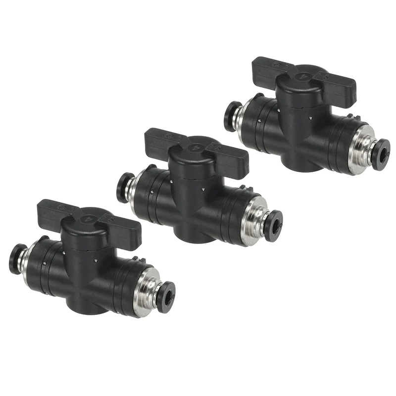 3 Pcs 4mm Pneumatic Ball Valve, Push to Quick Connect Fittings, Black