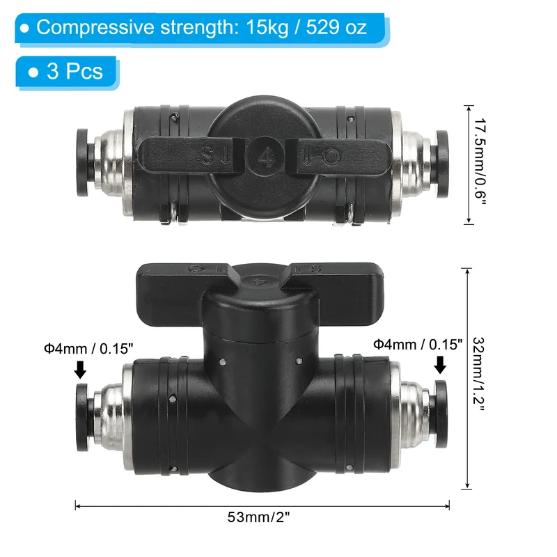3 Pcs 4mm Pneumatic Ball Valve, Push to Quick Connect Fittings, Black