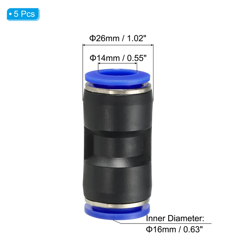 16 x 14mm Push to Connect Fitting Quick Release Pneumatic Connectors 5Pcs