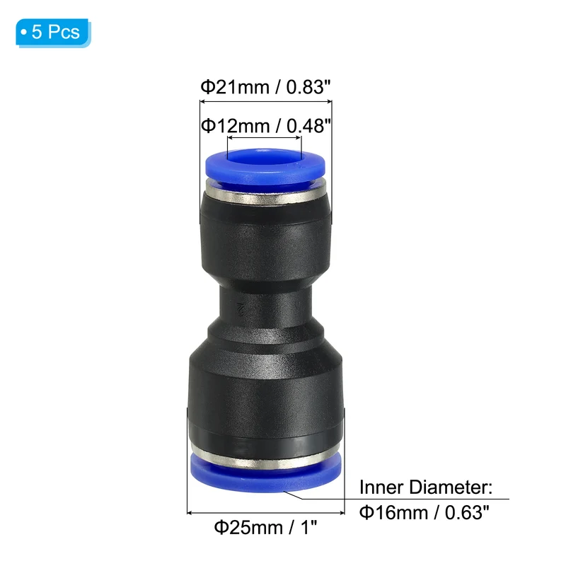16 x 12mm Push to Connect Fitting Quick Release Pneumatic Connectors 5Pcs