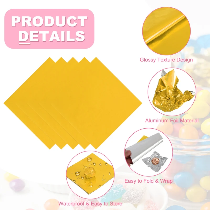 200 Pcs Candy Foil Wrappers, 7.87 x 7.87" Chocolate Wrappers, Gold