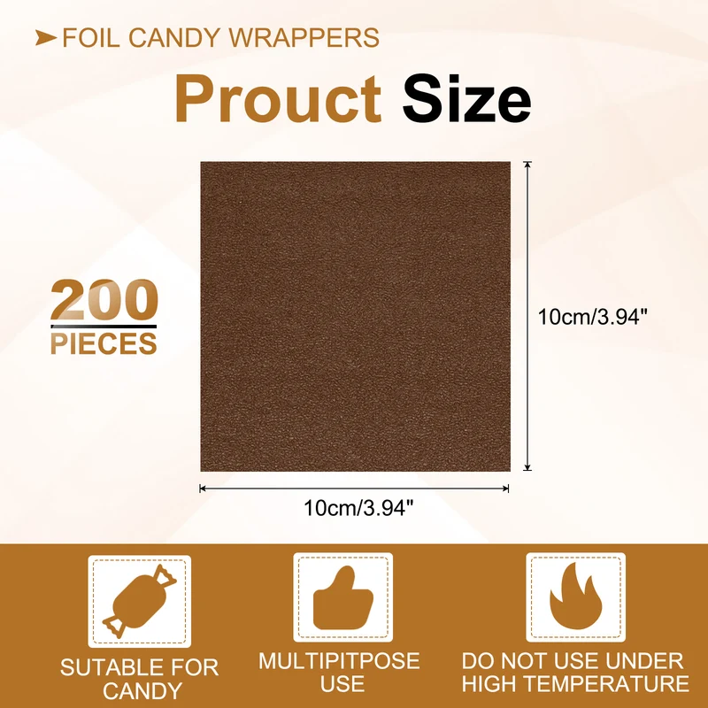 200 Pcs 4x4 Inch Foil Candy Wrappers Chocolate Wrapping Paper Dark Coffee