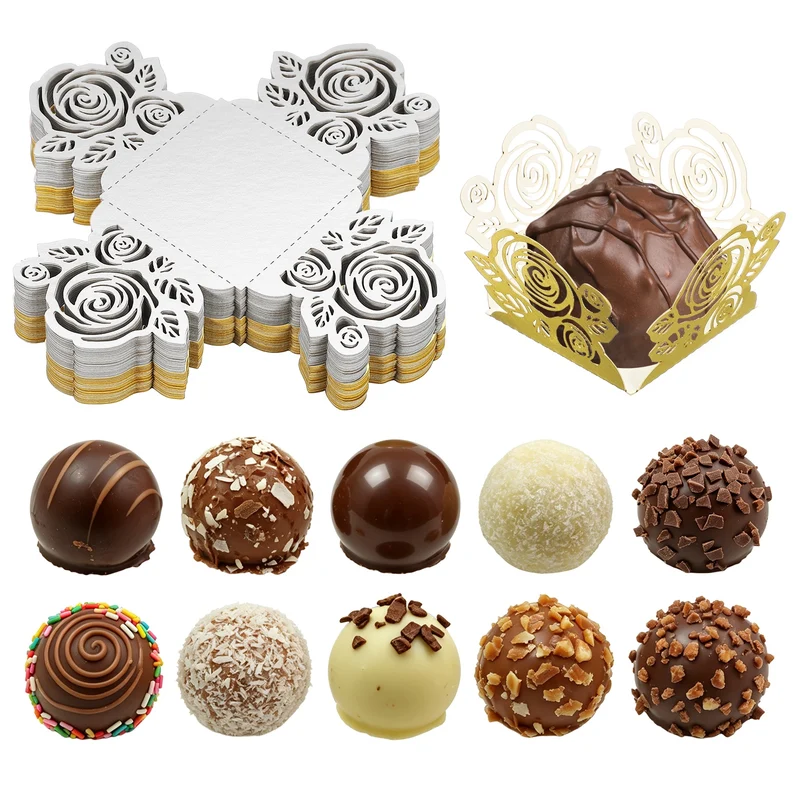 50Pcs 1.4x1.4" Rose Shape Truffle Wrapper Cupcake Liners for Decor, Gold/Silver