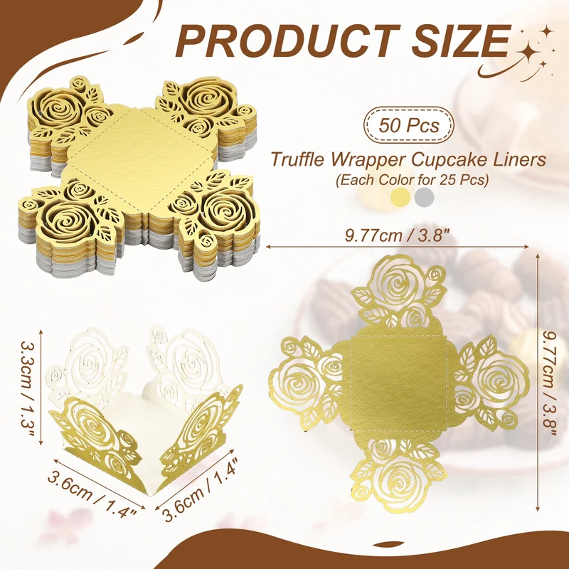50Pcs 1.4x1.4" Rose Shape Truffle Wrapper Cupcake Liners for Decor, Gold/Silver