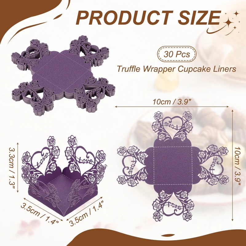 30Pcs 1.4x1.4" Love Rose Truffle Wrapper Cupcake Liners for Decor, Dark Purple