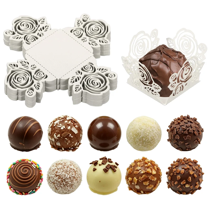 50Pcs 1.4x1.4" Rose Shape Truffle Wrapper Cupcake Liners for Decor, White