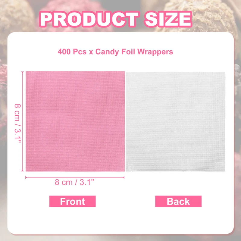 400 Pcs Candy Foil Wrappers, 3.1 x 3.1 Inch Chocolate Wrappers, Pink