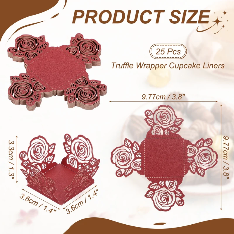25Pcs 1.4x1.4" Rose Shape Truffle Wrapper Cupcake Liners for Decor, Red