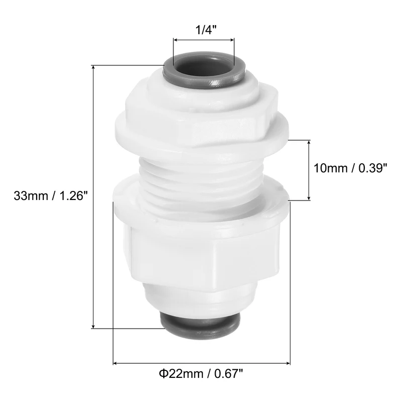 1/4" Push to Connect Bulkhead Fittings, 5 Pack Straight Water Line Fitting for RO Water System, White