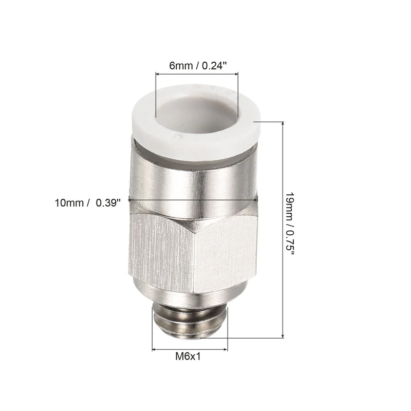 2Pcs M6 Push to Fit 6mm OD Hose Connect Fittings, White & Silver Tone