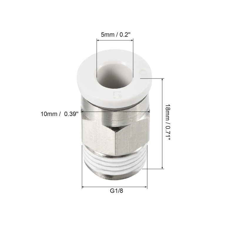 G1/8 Push to Fit 5mm OD Hose Connect Fittings, Straight Coupling Adapter for Gas Pneumatic Air Flow Transition, White & Silver Tone