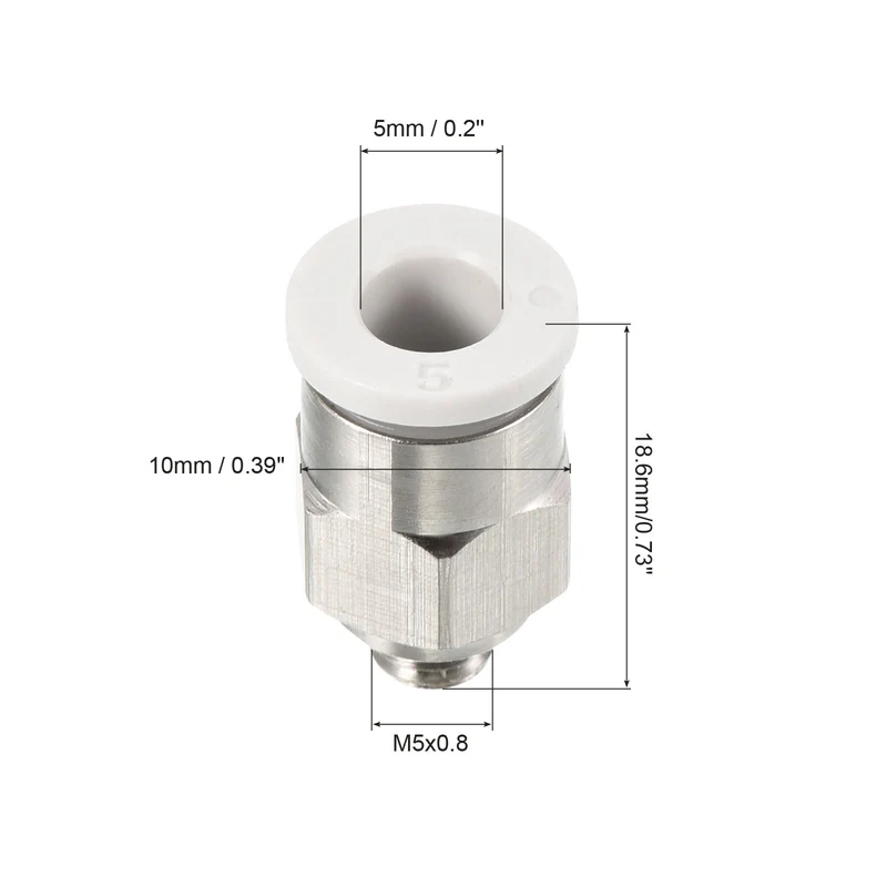 2Pcs M5 Push to Fit 5mm OD Hose Connect Fittings White & Silver