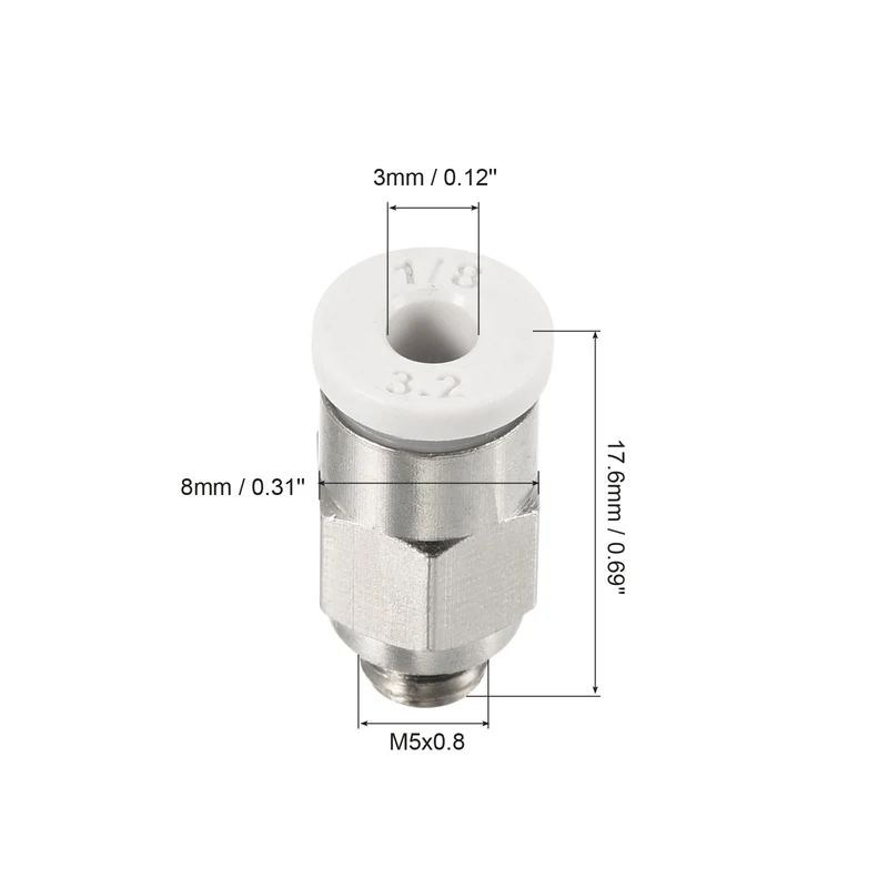 2Pcs M5 Push to Fit 3mm OD Hose Connect Fittings, White & Silver Tone