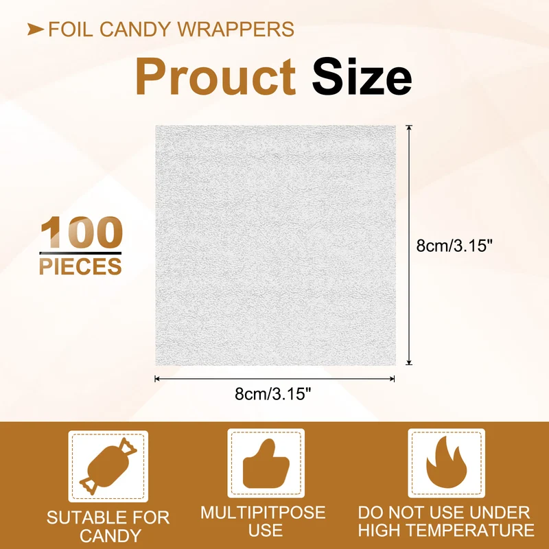 Foil Candy Wrappers 3x3 Inch, 100 Pcs Silver Orange Pattern Paper for Candy