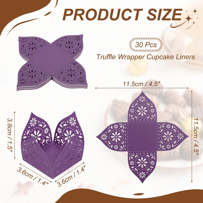 30Pcs 1.4x1.4" Snowflake Truffle Wrapper Cupcake Liners for Decor, Dark Purple