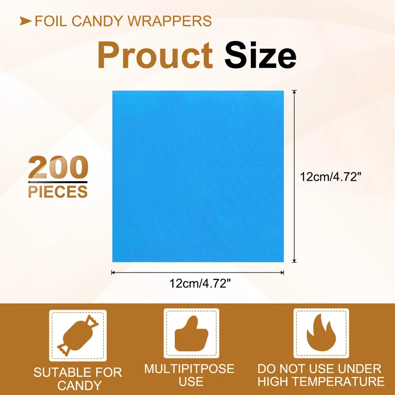 200 Pcs 5x5 Inch Foil Candy Wrappers Chocolate Wrapping Paper Light Blue