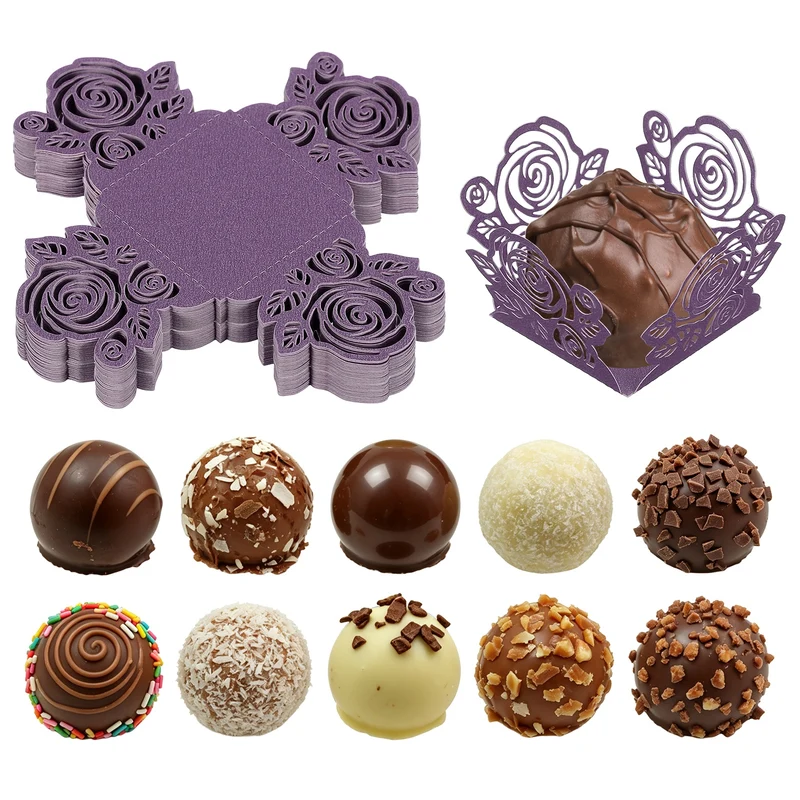 50Pcs 1.4x1.4" Rose Shape Truffle Wrapper Cupcake Liners for Decor, Dark Purple