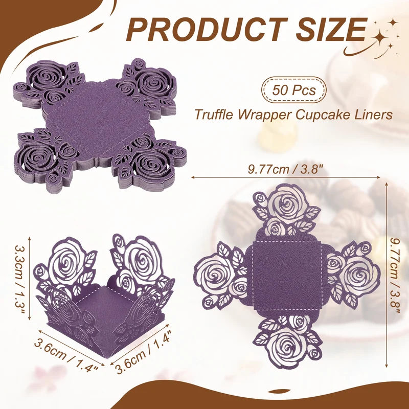 50Pcs 1.4x1.4" Rose Shape Truffle Wrapper Cupcake Liners for Decor, Dark Purple