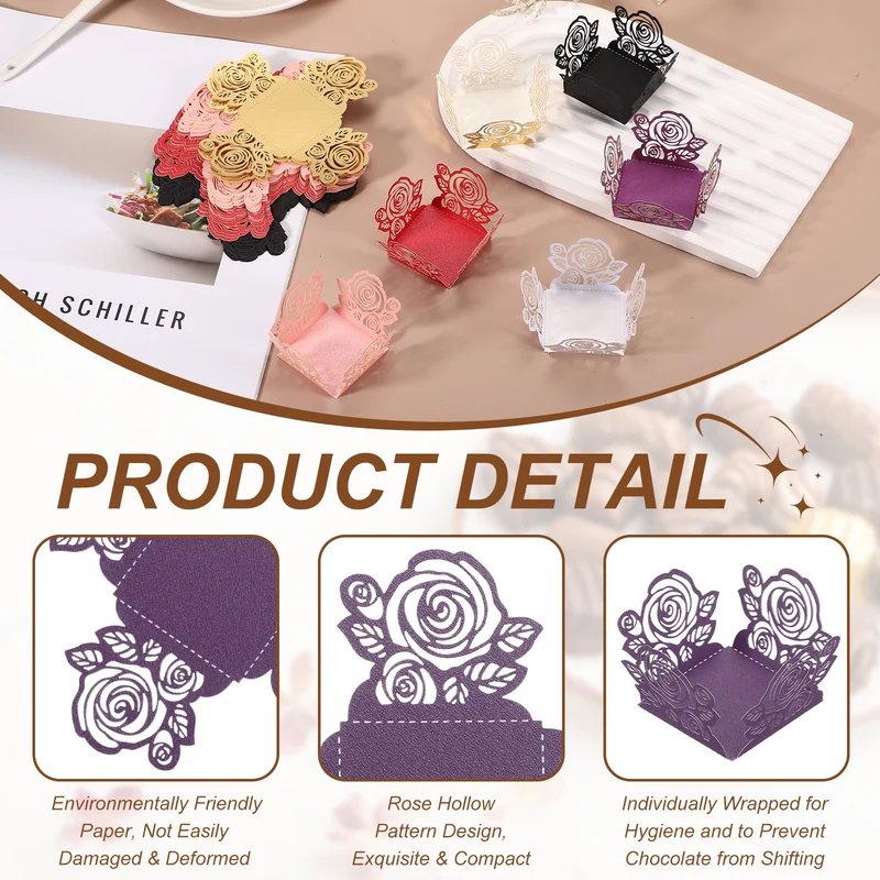 50Pcs 1.4x1.4" Rose Shape Truffle Wrapper Cupcake Liners for Decor, Dark Purple