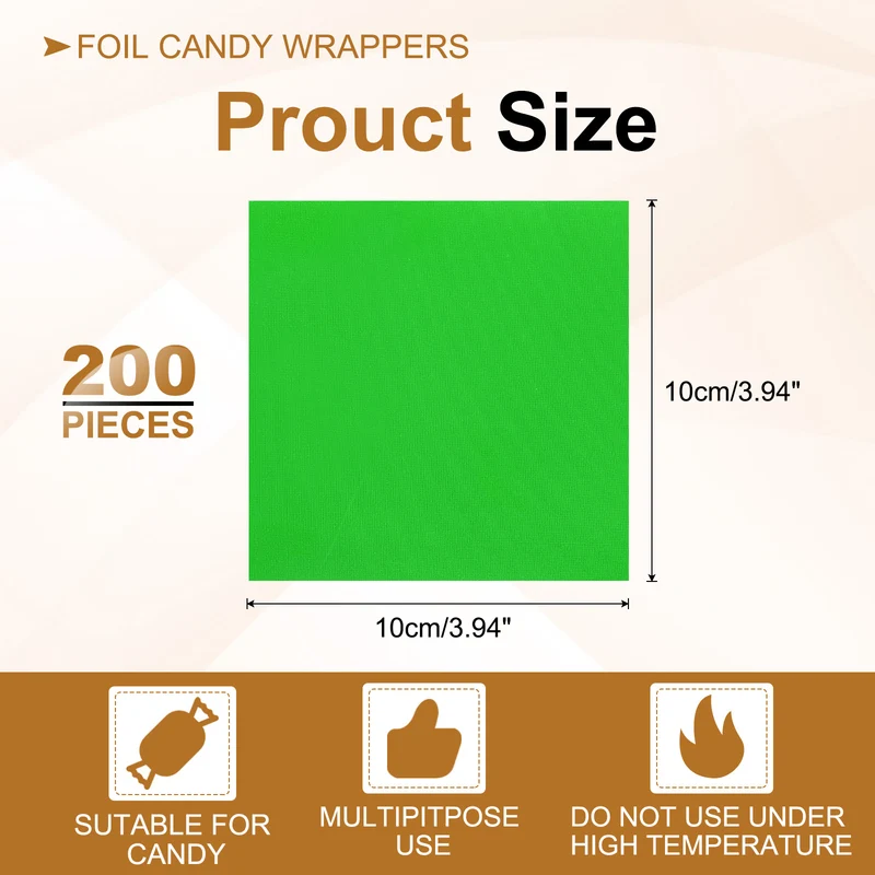 200 Pcs 4x4 Inch Foil Candy Wrappers Chocolate Wrapping Paper Light Green