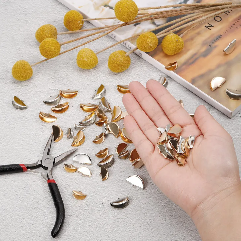 Uxcell Ribbon Crimp Clamp Ends, Half Round Bookmark Pinch Cord End Clasps for Craft Making