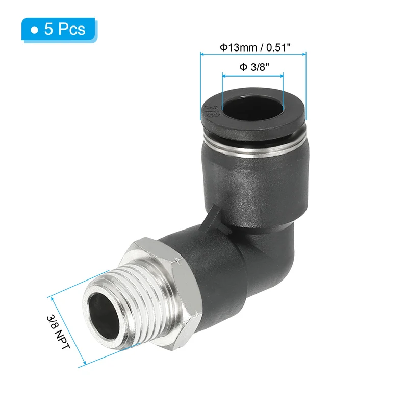 5 Pcs Male Elbow 3/8" Tubing OD x 3/8" NPT Thread 90 Push to Connect Fittings