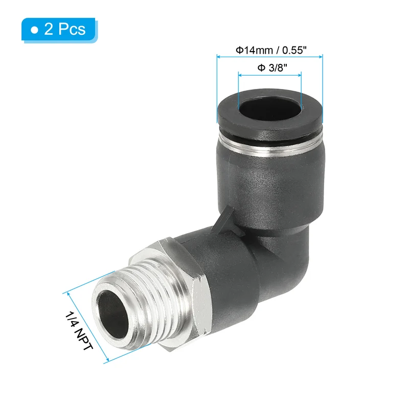 2 Pcs Male Elbow 3/8" Tubing OD x 1/4" NPT Thread 90 Push to Connect Fittings