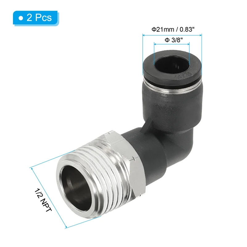 2 Pcs Male Elbow 3/8" Tubing OD x 1/2" NPT Thread 90 Push to Connect Fittings