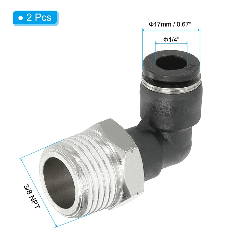 2 Pcs Male Elbow 1/4" Tube OD x 3/8" NPT Thread 90 Push to Connect Fittings