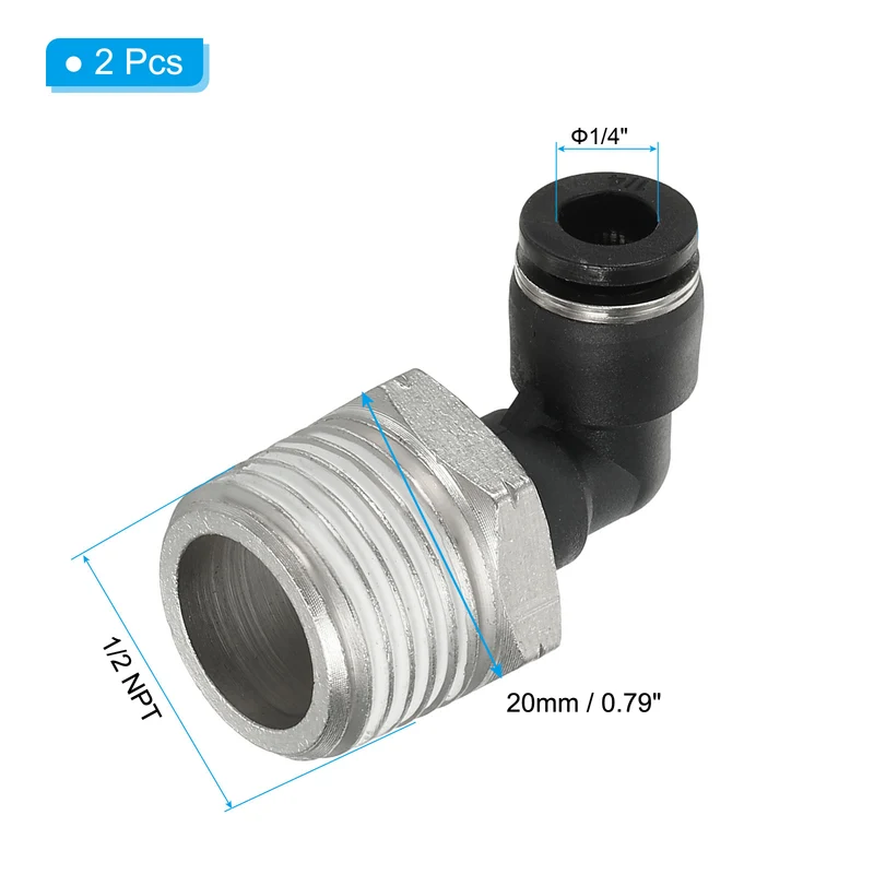 2 Pcs Male Elbow 1/4" Tubing OD x 1/2" NPT Thread 90 Push to Connect Fittings