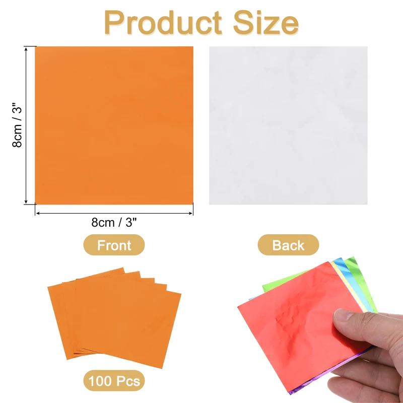 100 Pcs 3 x 3 Inch Square Aluminum Foil Candy Wrappers, Orange