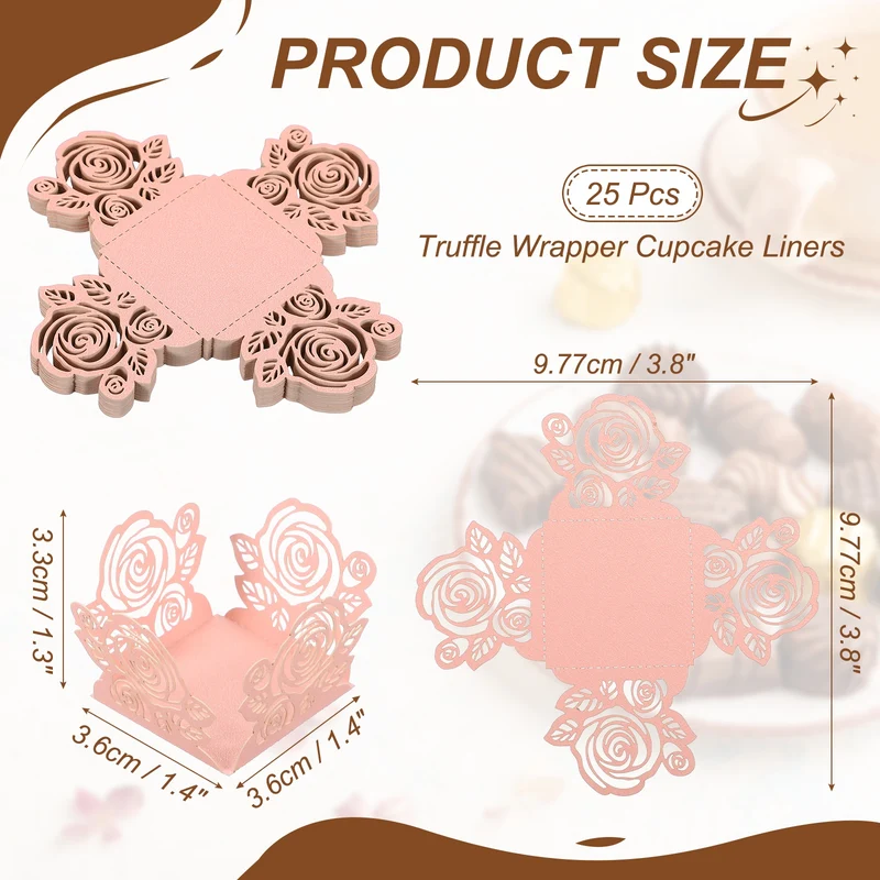 25Pcs 1.4x1.4" Rose Shape Truffle Wrapper Cupcake Liners for Decor, Pink
