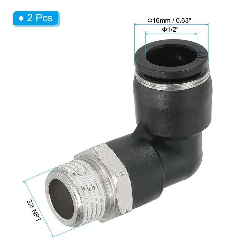 2 Pcs Male Elbow 1/2" Tube OD x 3/8" NPT Thread 90 Push to Connect Fittings