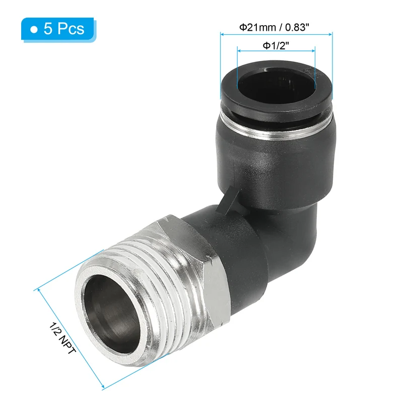 5 Pcs Male Elbow 1/2" Tubing OD x 1/2" NPT Thread 90 Push to Connect Fittings