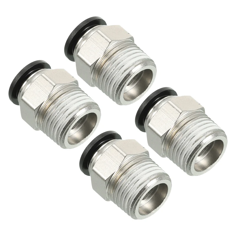 4Pcs Pneumatic Push to Connect Air Fittings 12mm x 1/2" NPT Male Thread Silver