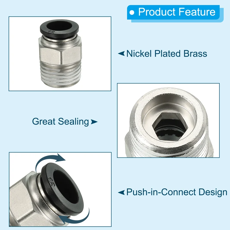 2Pcs Pneumatic Push to Connect Air Fittings 12mm x 1/2" NPT Male Thread Silver