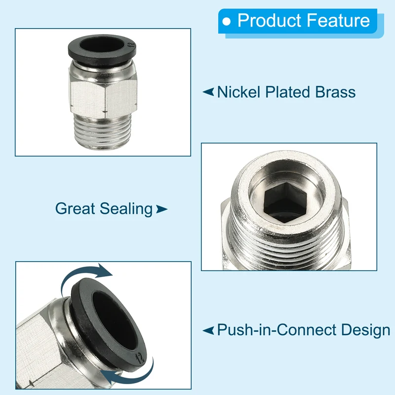 6Pcs Pneumatic Push to Connect Air Fittings 12mm x 3/8" NPT Male Thread Silver
