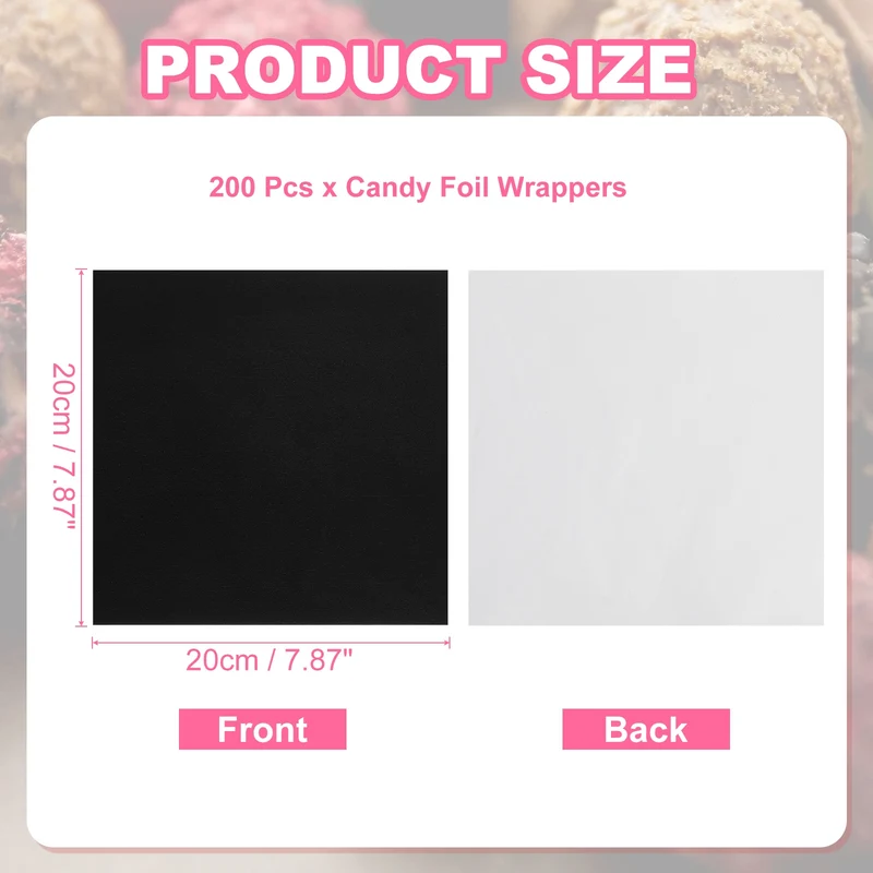 200 Pcs Candy Foil Wrappers, 7.87 x 7.87" Chocolate Wrappers, Black