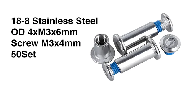 Binding Barrel and Screw Hex Socket Drive, OD 4xM3x6mm & Screw M3x4mm, 18-8 Stainless Steel, Pre-coated Blue Anti-loose Adhesive, 50Set