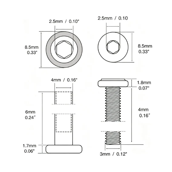 Binding Barrel and Screw Hex Socket Drive, OD 4xM3x6mm & Screw M3x4mm, 18-8 Stainless Steel, Pre-coated Blue Anti-loose Adhesive, 50Set