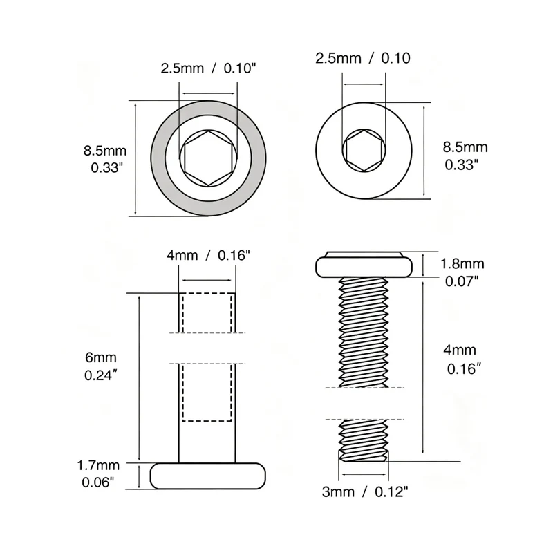Binding Barrel and Screw Hex Socket Drive, OD 4xM3x6mm & Screw M3x4mm, 18-8 Stainless Steel, Pre-coated Blue Anti-loose Adhesive, 50Set