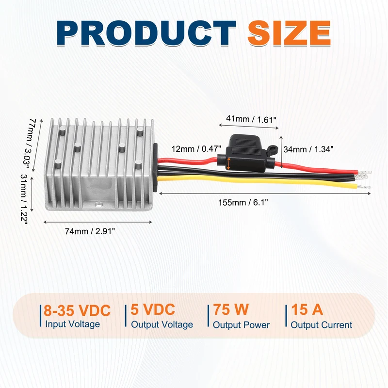 DC 8-35V to DC 5V Power Converter, Output 15A 75W with Fuse for Car Truck