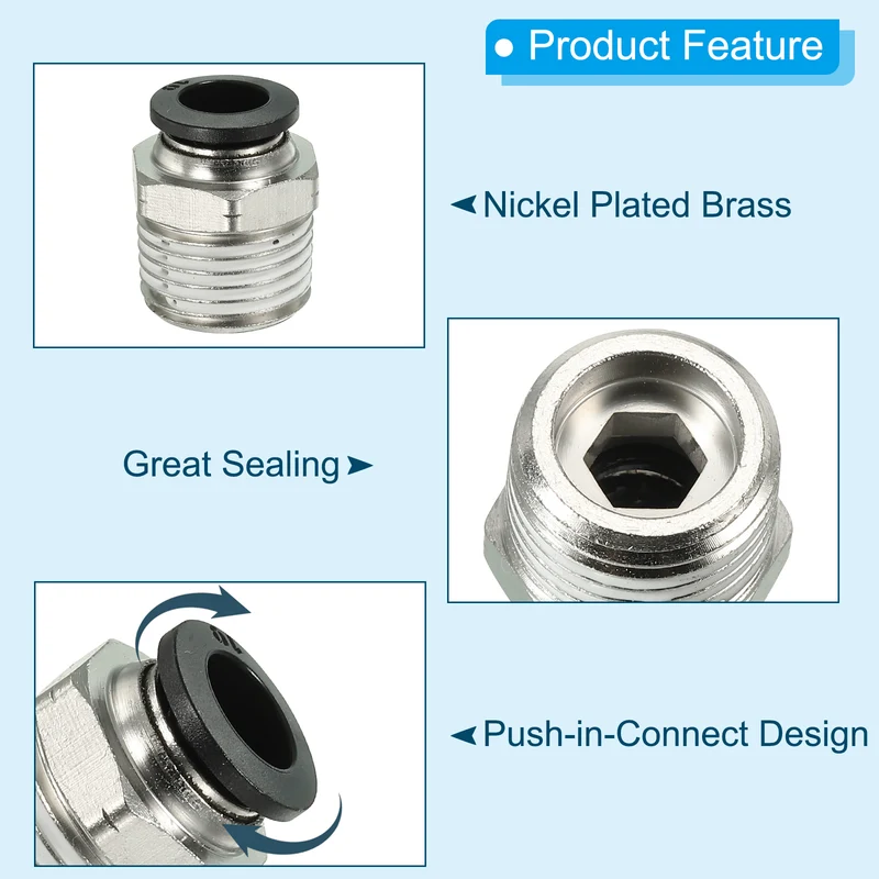 2Pcs Pneumatic Push to Connect Air Fittings 10mm x 1/2" NPT Male Thread Silver