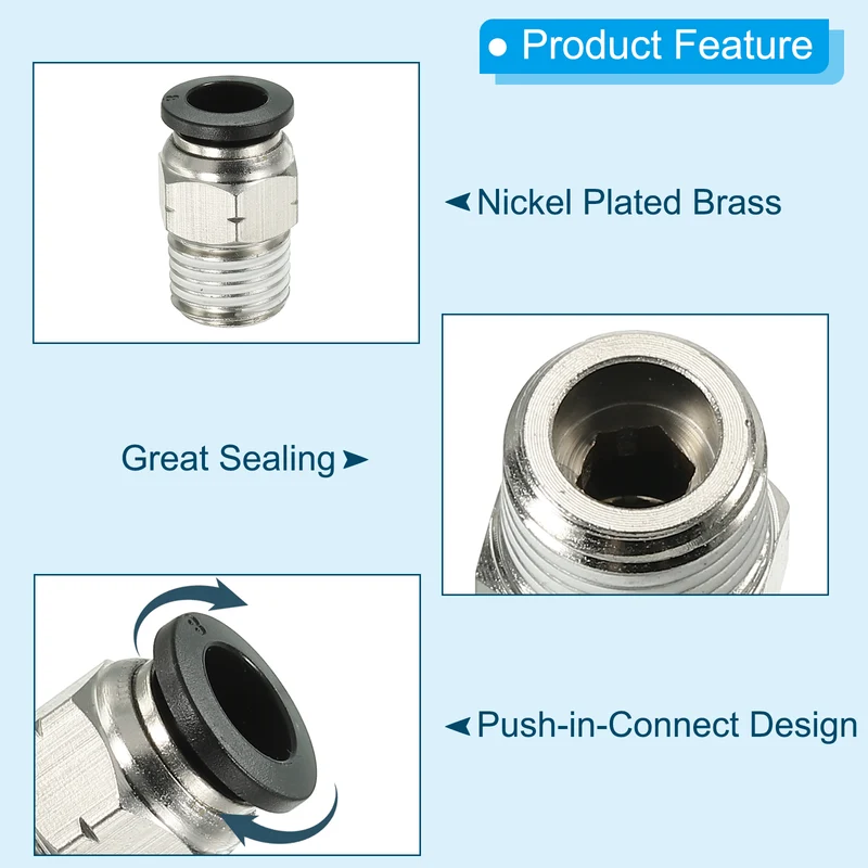 6Pcs Pneumatic Push to Connect Air Fittings 8mm x 1/4" NPT Male Thread Silver
