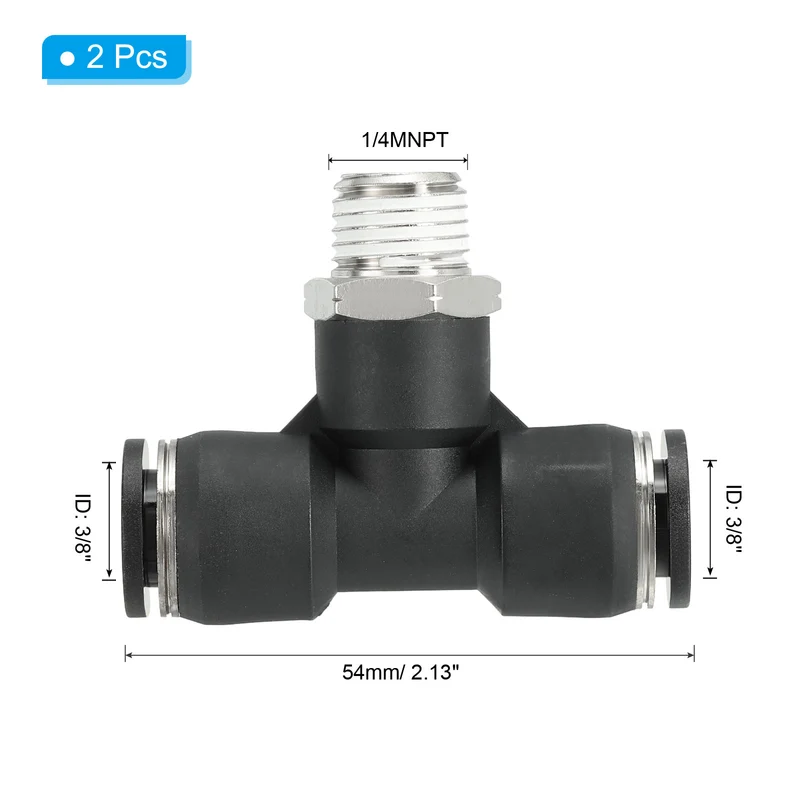 2Pcs Male Branch Tee 3/8" Tube OD x 1/4MNPT Thread Push to Connect Fittings