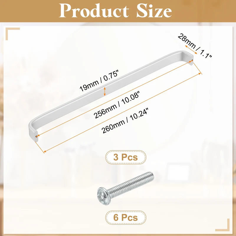 3 Pack Matte Silver Cabinet Pulls 256mm/10.08" Hole Center 260mm/10.24" Length
