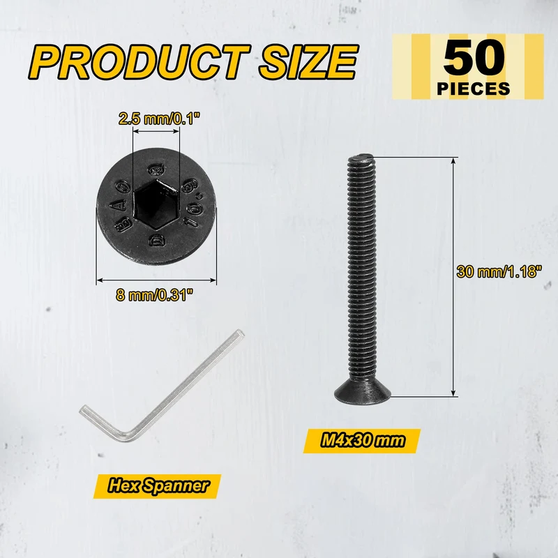 M4x30 mm Flat Head Socket Cap Screws, 50 Pcs Bolt with Hex Spanner, Black