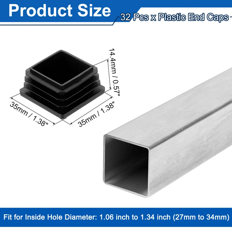 32Pcs 1 3/8" (35mm) Square Tubing End Caps Hole Plug Insert for Tubing Black